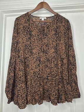 Beachlunchlounge Brown and Black Leopard Print Tiered Blouse Medium